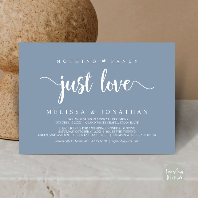 Invitation Rien De Fancy Just Love, Moderne Elopement Mariage (Nothing Fancy Just Love, Modern Rustic Wedding Elopement Dinner Invitation Card, PDF, Dusty Blue)