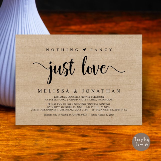 Invitation Rien De Fancy Just Love, Moderne Elopement Mariage (Nothing Fancy Just Love, Modern Rustic Wedding Elopement Dinner Invitation Card, PDF, Wood Graphic)