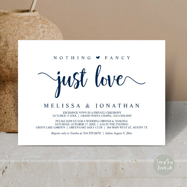 Invitation Rien De Fancy Just Love, Moderne Elopement Mariage (Nothing Fancy Just Love, Modern Rustic Wedding Elopement Dinner Invitation Card, PDF, Navy Blue)