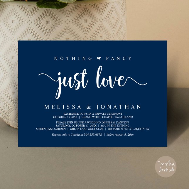 Invitation Rien De Fancy Just Love, Moderne Elopement Mariage (Nothing Fancy Just Love, Modern Rustic Wedding Elopement Dinner Invitation Card, PDF, Navy Blue)