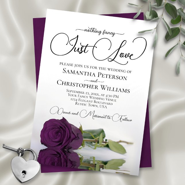 Invitation Rien De Fancy Just Love Plum Purple Rose Mariage (In Situ Front and Back)