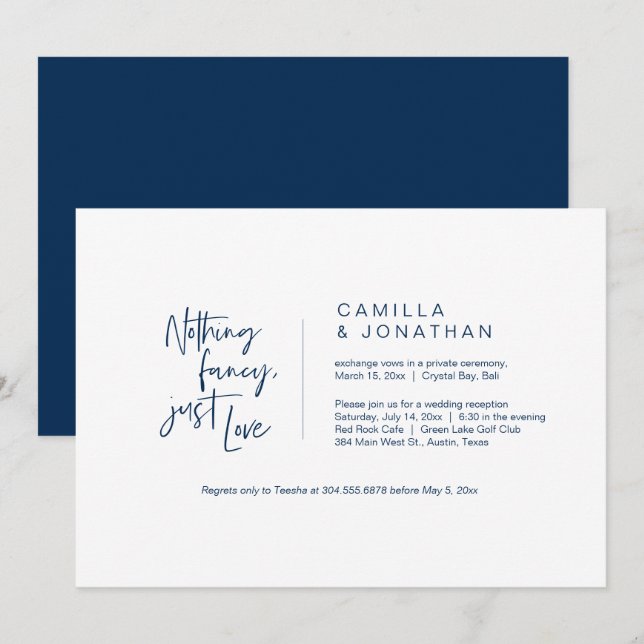 Invitation Rien De Fancy, Juste Amour, Bleu Marine, Elopement (Devant / Derrière)