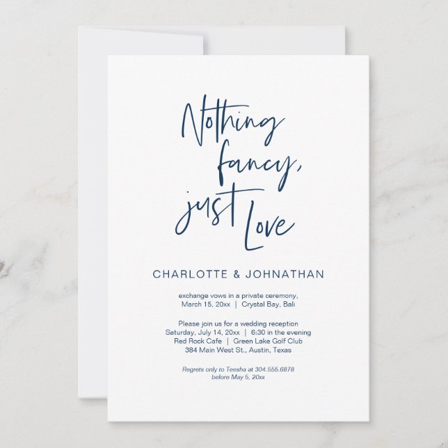 Invitation Rien De Fancy, Juste Amour, Bleu Marine, Elopement (Devant)