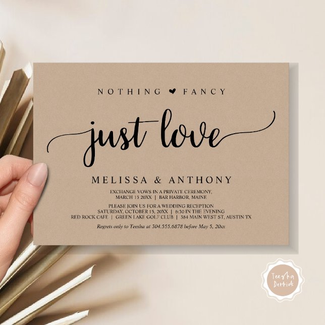 Invitation Rien De Fancy Juste Amour, Elopement, Mariage Rust (Nothing Fancy Just Love, Elopement, Rustic Script Wedding Invitation Card, in Brown Kraft)