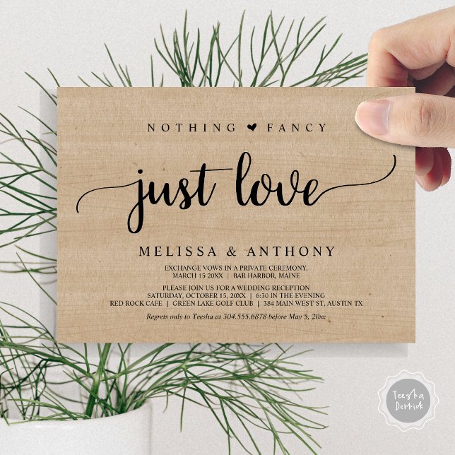 Invitation Rien De Fancy Juste Amour, Elopement, Mariage Rust (Nothing Fancy Just Love, Elopement, Rustic Script Wedding Invitation Card, in Brown Wood)