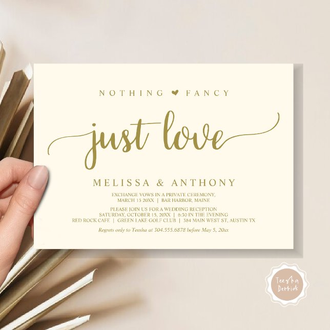 Invitation Rien De Fancy Juste Amour, Elopement, Mariage Rust (Nothing Fancy Just Love, Elopement, Rustic Script Wedding Invitation Card, in Classy Gold)