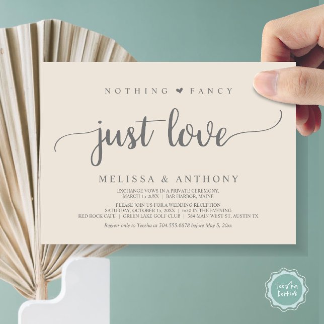 Invitation Rien De Fancy Juste Amour, Elopement, Mariage Rust (Nothing Fancy Just Love, Elopement, Rustic Script Wedding Invitation Card, in Grey Cream)