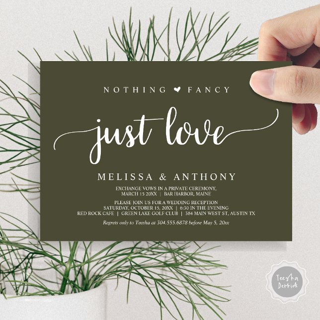 Invitation Rien De Fancy Juste Amour, Elopement, Mariage Rust (Nothing Fancy Just Love, Elopement, Rustic Script Wedding Invitation Card, in Olive Green)