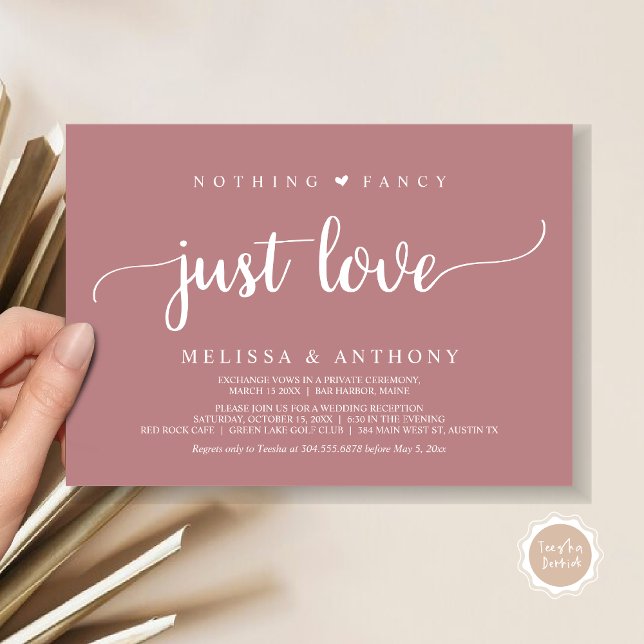 Invitation Rien De Fancy Juste Amour, Elopement, Mariage Rust (Nothing Fancy Just Love, Elopement, Rustic Script Wedding Invitation Card, in Dusty Rose Pink)