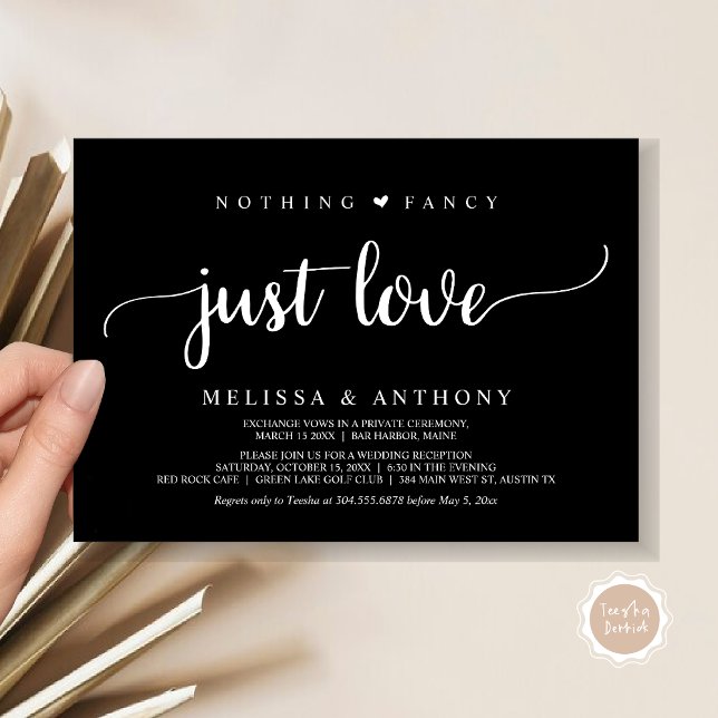 Invitation Rien De Fancy Juste Amour, Elopement, Mariage Rust (Nothing Fancy Just Love, Elopement, Rustic Script Wedding Invitation Card, in Classy Black)