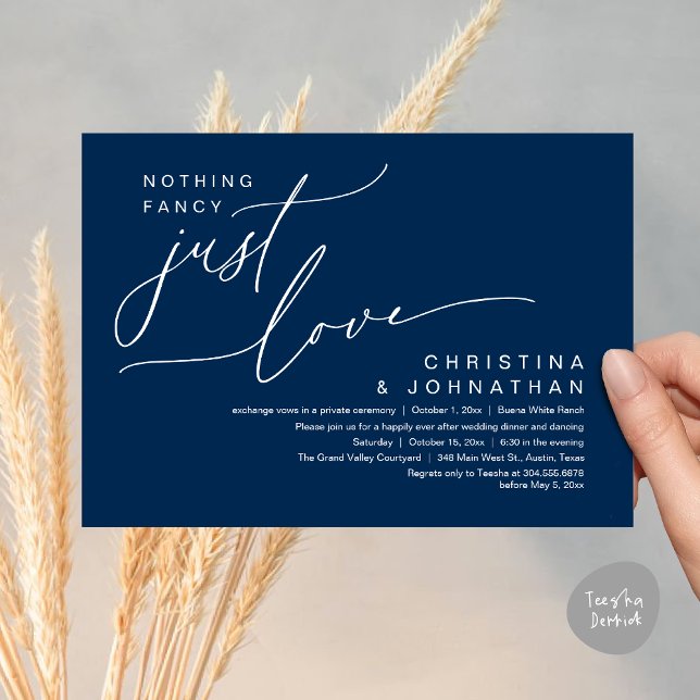 Invitation Rien de Fantaisie Juste Amour Dîner de Mariage Par (Nothing Fancy Just Love Modern Romantic Wedding Dinner Lunch Brunch Party Invites Card Navy Blue)