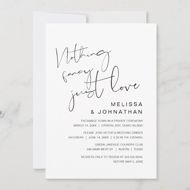 Invitation Rien De fantaisie, Juste Amour, Mariage Elopement  (Devant)