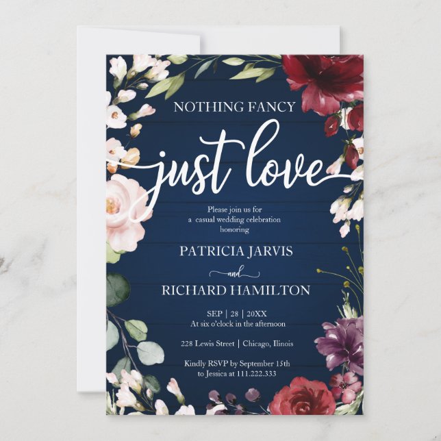 Invitation Rien de fantaisie Juste Amour Mariage Marine Bleu  (Devant)