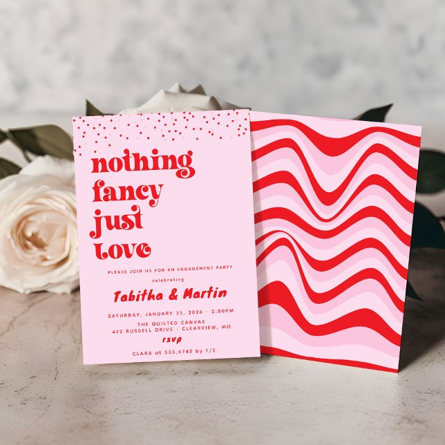 Invitation Rien de fantaisie juste amour rétro fiançailles (Nothing fancy just love. Mock of red and pink engagement party invitations
)