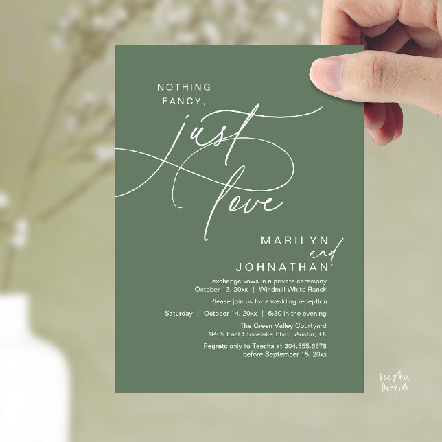 Invitation Rien de Fantaisie, Juste de l'Amour, Dîner de Mari (Nothing Fancy, Just Love, Modern Romantic Wedding Reception Dinner Invitation Card in Sage Green)