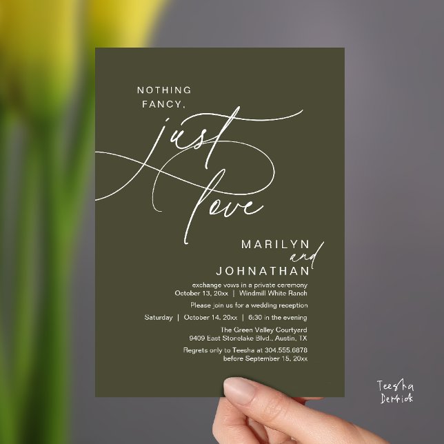Invitation Rien de Fantaisie, Juste de l'Amour, Dîner de Mari (Nothing Fancy, Just Love, Modern Romantic Wedding Reception Dinner Invitation Card in Olive Green)