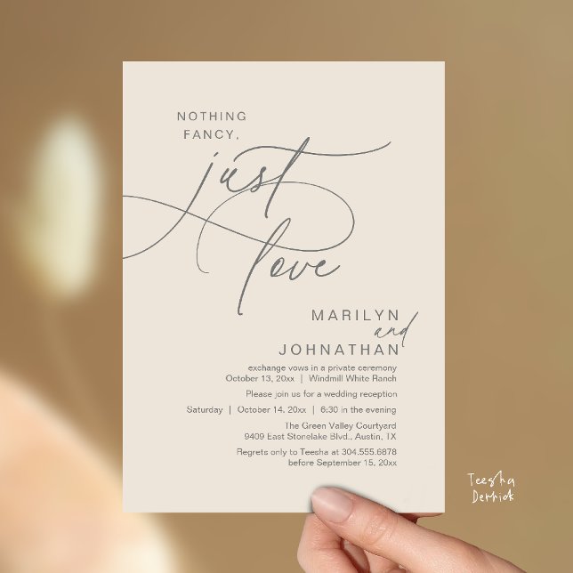 Invitation Rien de Fantaisie, Juste de l'Amour, Dîner de Mari (Nothing Fancy, Just Love, Modern Romantic Wedding Reception Dinner Invitation Card in Cream Grey)