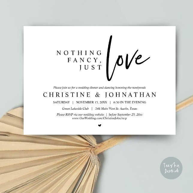 Invitation Rien de Fantaisie, Juste de l'Amour, Dîner de Mari (Nothing Fancy, Just Love, Wedding Elopement Dinner Invitation Card, PDF, in Black and White)