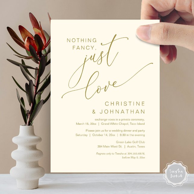 Invitation Rien de Fantaisie, Juste de l'Amour, Dîner de Mari (Nothing Fancy Just Love Wedding Elopement Dinner Party Lunch Brunch Invitation Card PDF, Yellow Gold)