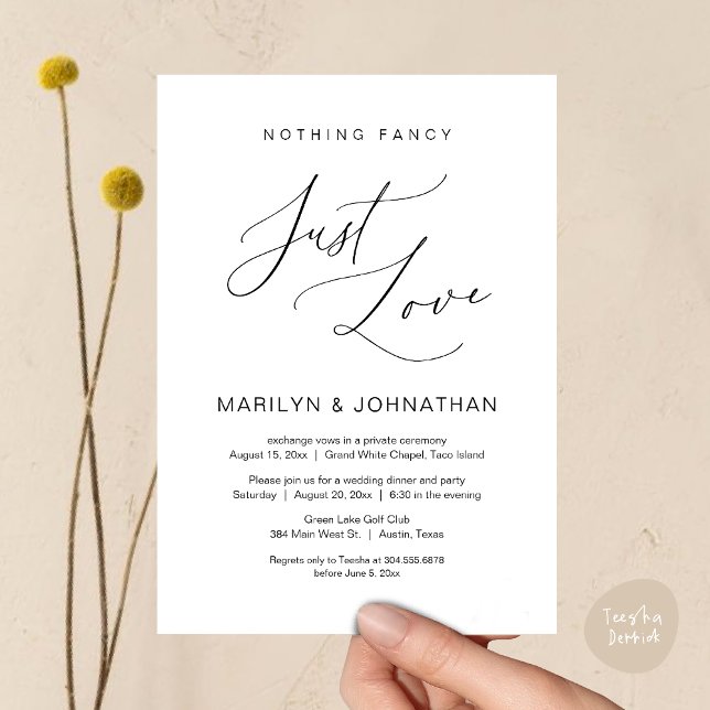 Invitation Rien de Fantaisie, Juste de l'Amour, Dîner de Mari (Nothing Fancy, Just Love, Wedding Elopement Dinner Brunch Lunch Party Invites Card PDF, Black White)