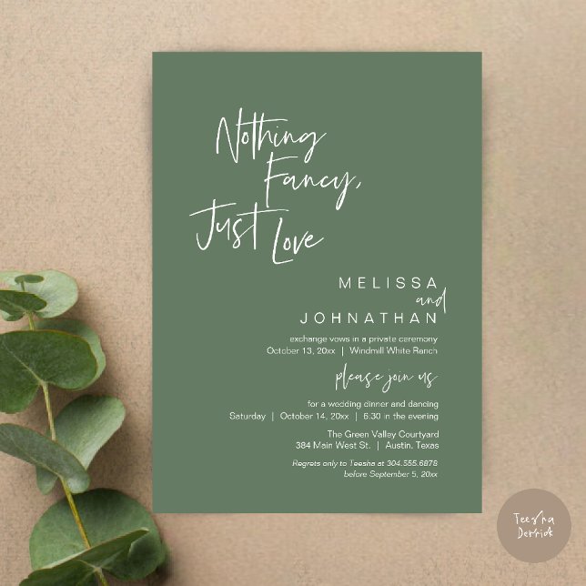 Invitation Rien de fantaisie juste de l'amour, Dîner de maria (Nothing Fancy Just Love, Modern Wedding Reception Dinner Lunch Brunch Invites Card in Sage Green)