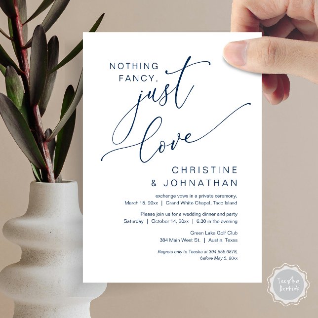 Invitation Rien de Fantaisie, Juste de l'Amour, Dîner d'Élope (Nothing Fancy, Just Love, Wedding Elopement Dinner Party Invitation Card, PDF, Navy Blue)