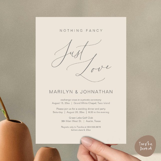 Invitation Rien de Fantaisie, Juste de l'Amour, Dîner d'Élope (Nothing Fancy, Just Love, Wedding Elopement Dinner Brunch Lunch Party Invites Card PDF, Cream Grey)