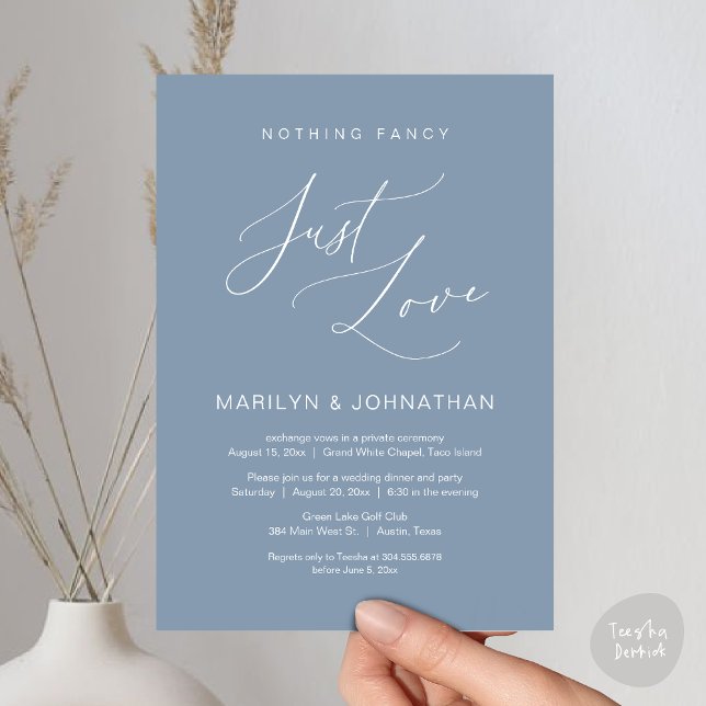 Invitation Rien de Fantaisie, Juste de l'Amour, Dîner d'Élope (Nothing Fancy, Just Love, Wedding Elopement Dinner Brunch Lunch Party Invites Card PDF, Dusty Blue)