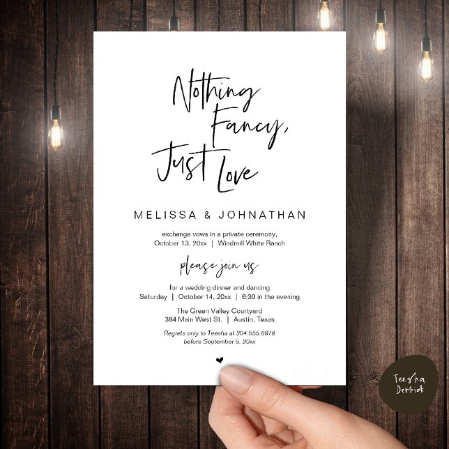 Invitation Rien de fantaisie, juste de l'amour, Réception de  (Nothing Fancy Just Love, Modern Wedding Reception Dinner Lunch Brunch Invites Card Black white)