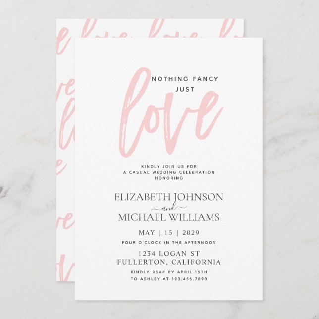 Invitation Rien de fantaisie, juste l'amour rose mariage déco (Devant / Derrière)