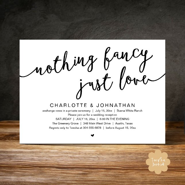 Invitation Rien De fantaisiste, Juste Amour, Mariage Elopemen (Nothing Fancy, Just Love, Wedding Elopement Dinner Lunch Brunch Party Invites Card  PDF Black White)