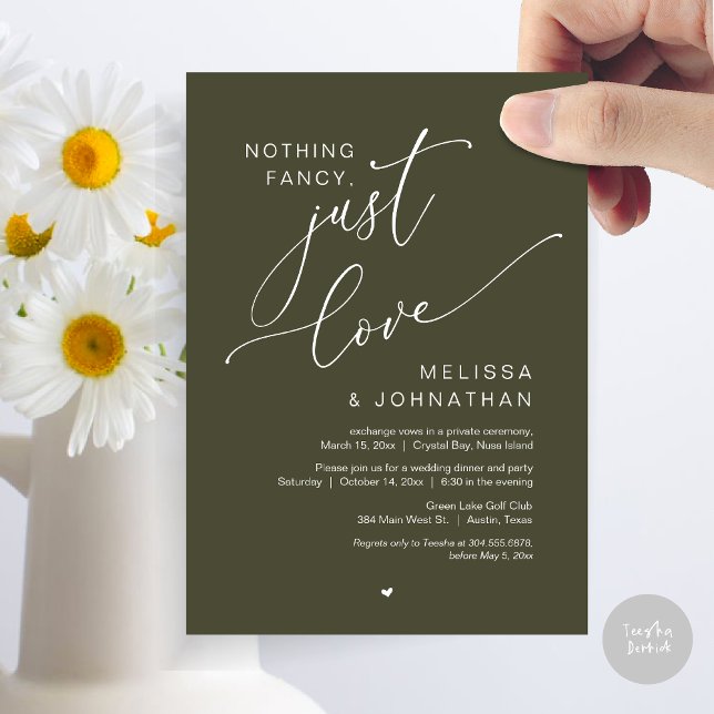 Invitation Rien De fantaisiste, Juste Amour, Mariage Elopemen (Nothing Fancy, Just Love, Wedding Elopement Dinner Party Invitation Card, PDF, In Olive Green)