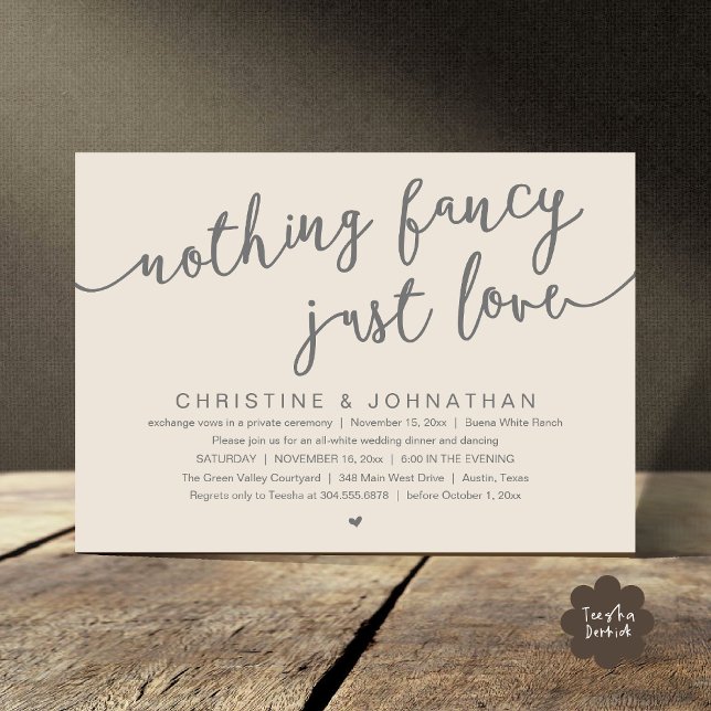 Invitation Rien De fantaisiste, Juste Amour, Mariage Elopemen (Nothing Fancy, Just Love, Wedding Elopement Party Invites Card PDF Modern Cottage Rustic Cream Grey)