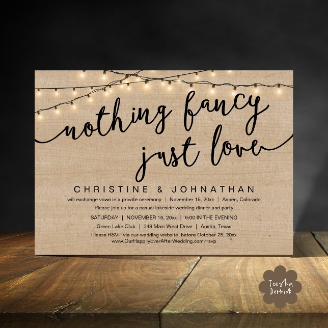 Invitation Rien De fantaisiste, Juste Amour, Mariage Elopemen (Nothing Fancy, Just Love, Wedding Elopement Party Invites Card PDF Rustic Cottage Light Brown Wood)