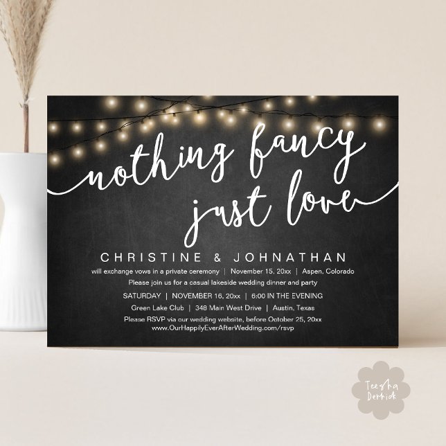 Invitation Rien De fantaisiste, Juste Amour, Mariage Elopemen (Nothing Fancy, Just Love, Wedding Elopement Party Invites Card PDF String Lights Black Chalkboard)