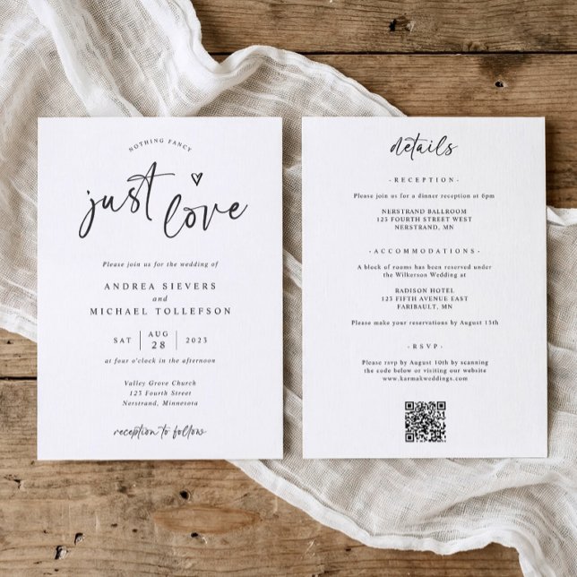 Invitation Rien de Fantaisiste Juste Amour Moderne Écriture M (Minimalist black and white wedding invitation with “nothing fancy, just love” handwriting)