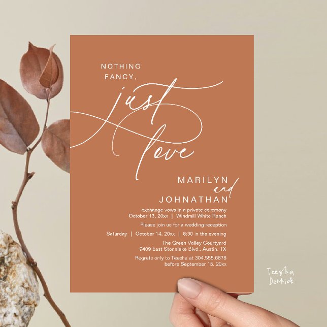 Invitation Rien de Fantaisiste, Juste de l'Amour, Dîner de Ma (Nothing Fancy, Just Love, Modern Romantic Wedding Reception Dinner Invites Card Earthy Brown Copper)