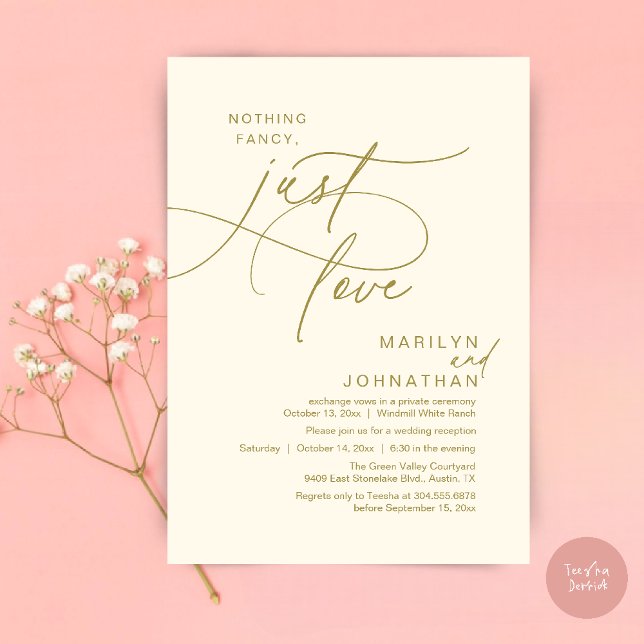 Invitation Rien de Fantaisiste, Juste de l'Amour, Dîner de Ma (Nothing Fancy, Just Love, Modern Romantic Wedding Reception Dinner Invitation Card in Yellow Gold)