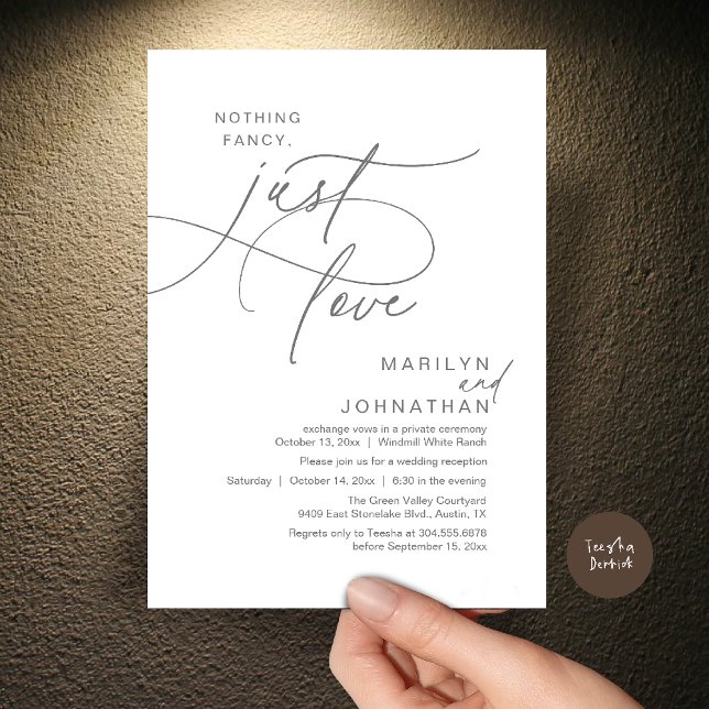 Invitation Rien de fantaisiste, juste de l'amour, dîner de ma (Nothing Fancy, Just Love, Modern Romantic Wedding Reception Dinner Invitation Card in Dark Grey)