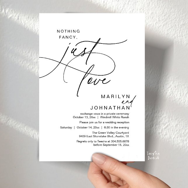Invitation Rien de fantaisiste, juste de l'amour, dîner de ma (Nothing Fancy, Just Love, Modern Romantic Wedding Reception Dinner Invitation Card in Black White)