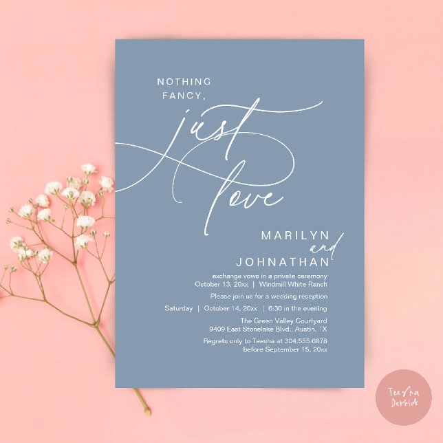 Invitation Rien de Fantaisiste, Juste de l'Amour, Dîner de Ma (Nothing Fancy, Just Love, Modern Romantic Wedding Reception Dinner Invitation Card in Dusty Blue)