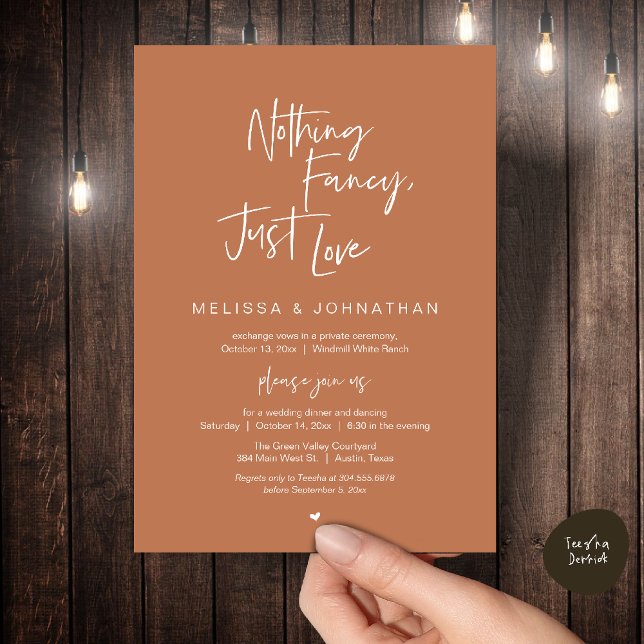 Invitation Rien de fantaisiste, juste de l'amour, Dîner de ma (Nothing Fancy Just Love, Modern Wedding Reception Dinner Lunch Brunch Invites Card in Terracotta)