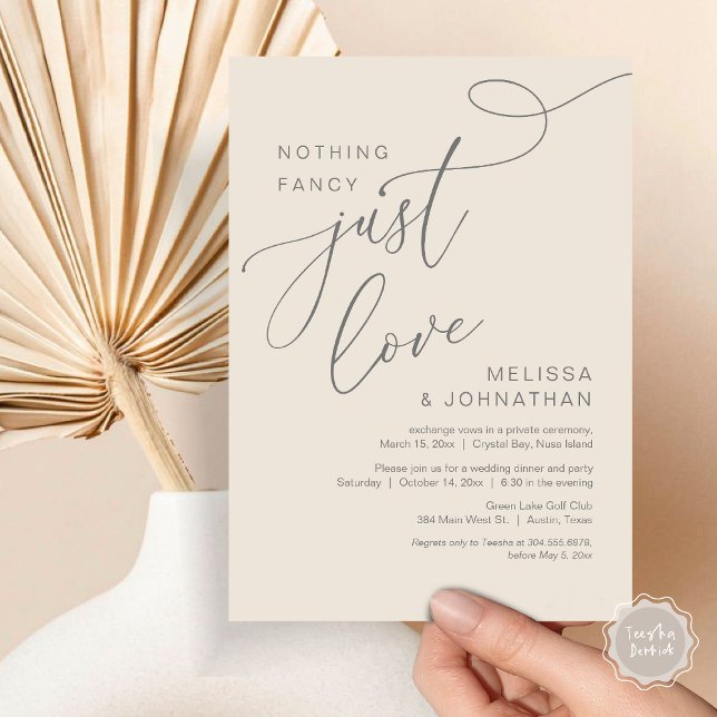 Invitation Rien de fantaisiste, juste de l'amour, dîner de ma (Nothing Fancy, Just Love, Wedding Elopement Dinner Invitation Card, PDF, Modern Romantic, Grey Cream)
