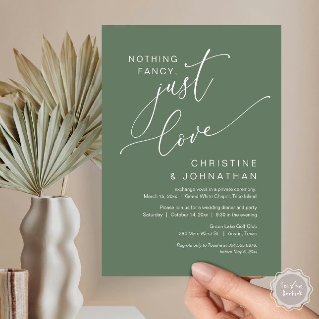 Invitation Rien de fantaisiste, juste de l'amour, dîner de ma (Nothing Fancy Just Love, Wedding Elopement Dinner Party Invitation Card, PDF, Forest Sage Green)