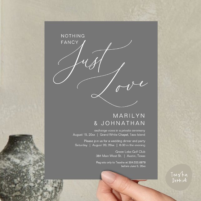 Invitation Rien de Fantaisiste, Juste de l'Amour, Dîner de Ma (Nothing Fancy, Just Love, Wedding Elopement Dinner Brunch Lunch Party Invites Card PDF, Dark Grey)