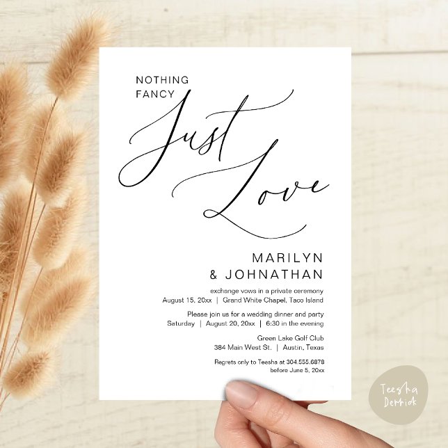 Invitation Rien de Fantaisiste, Juste de l'Amour, Dîner de Ma (Nothing Fancy, Just Love, Wedding Elopement Dinner Brunch Lunch Party Invites Card PDF, Black White)