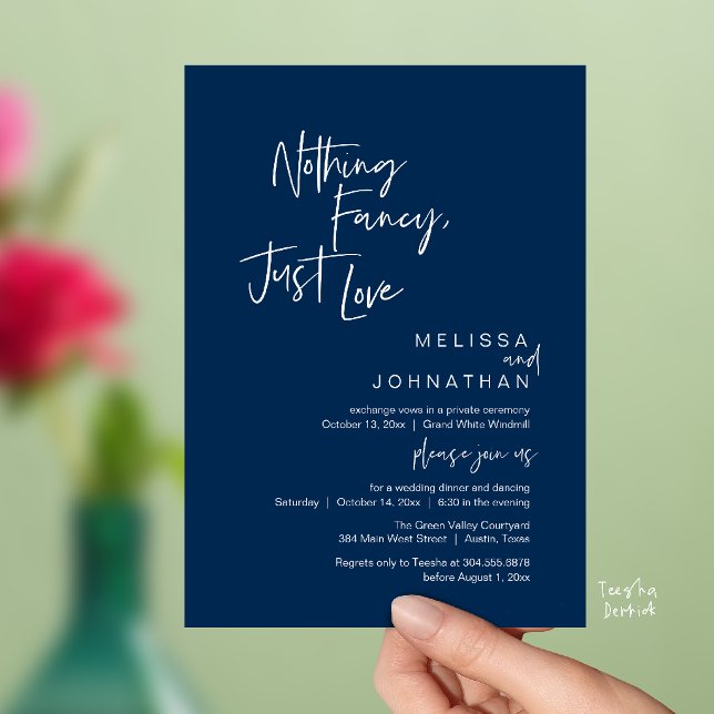 Invitation Rien de Fantaisiste Juste de l'Amour, Dîner de Mar (Nothing Fancy Just Love, Modern Wedding Dinner Invitation Card in Navy Blue)