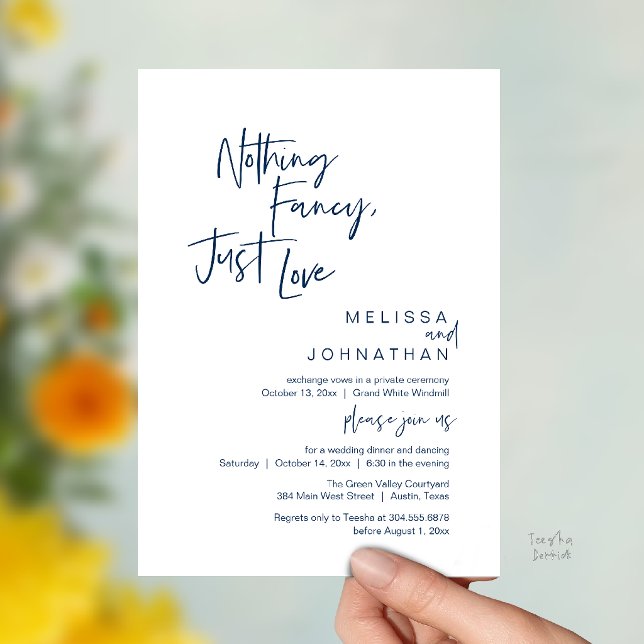 Invitation Rien de Fantaisiste Juste de l'Amour, Dîner de Mar (Nothing Fancy Just Love, Modern Wedding Dinner Invitation Card in Navy Blue)