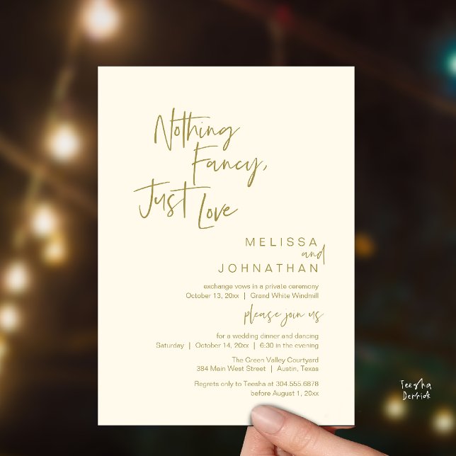 Invitation Rien de Fantaisiste Juste de l'Amour, Dîner de Mar (Nothing Fancy Just Love, Modern Wedding Dinner Invitation Card in Gold Cream Yellow)