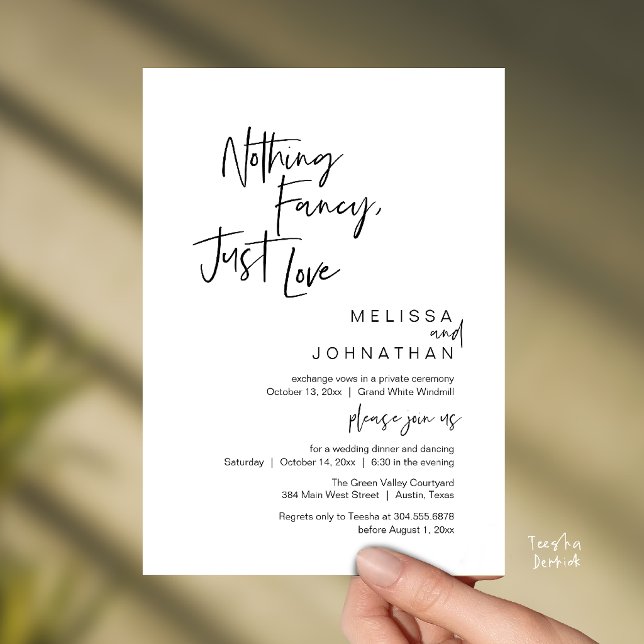Invitation Rien de Fantaisiste Juste de l'Amour, Dîner de Mar (Nothing Fancy Just Love, Modern Wedding Dinner Invitation Card in Black and White)